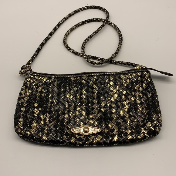 Elliott Lucca Black and Gold Leather Woven Crossbody Bag - Picture 1 of 8